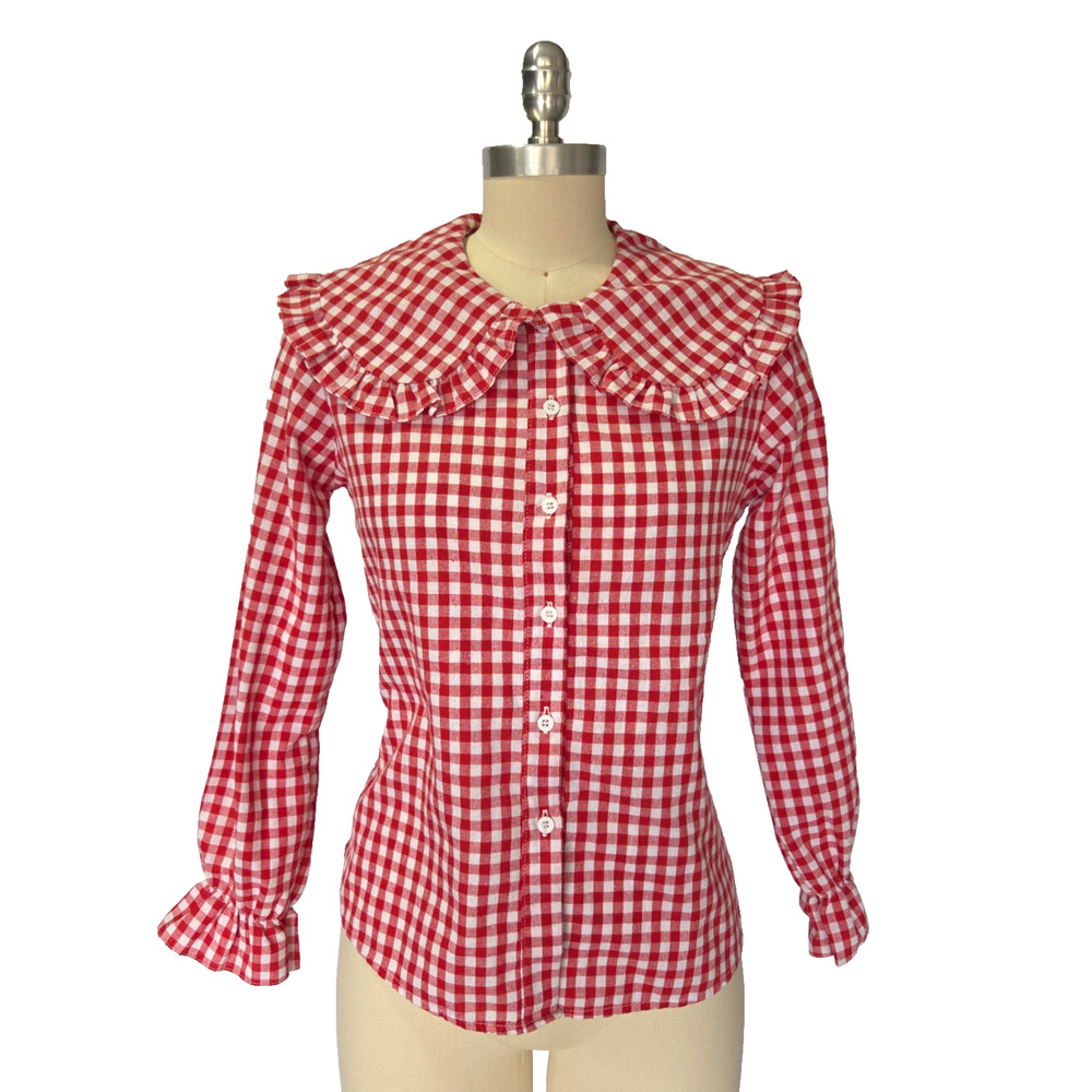 Vintage Style Gingham Top Size M White Red Peter Pan Collar Lolita JFashion